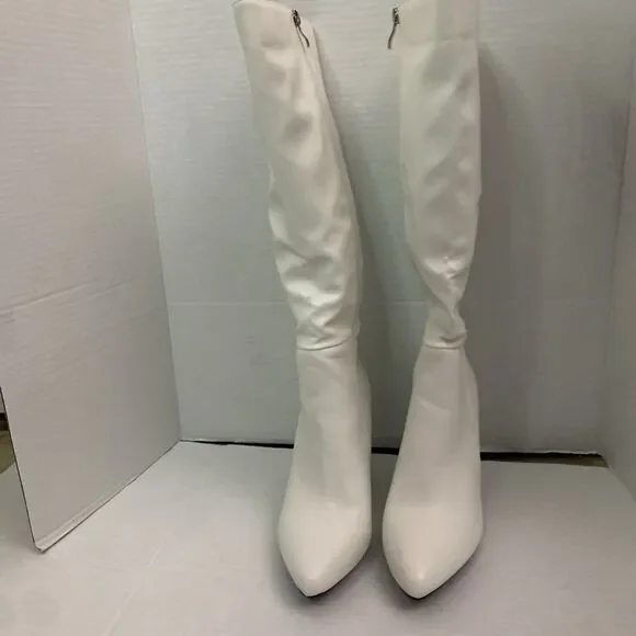 Womens Pointed Toe Zip Up Formal Chunky High Heel Knee High Boots - Picture 6 of 8